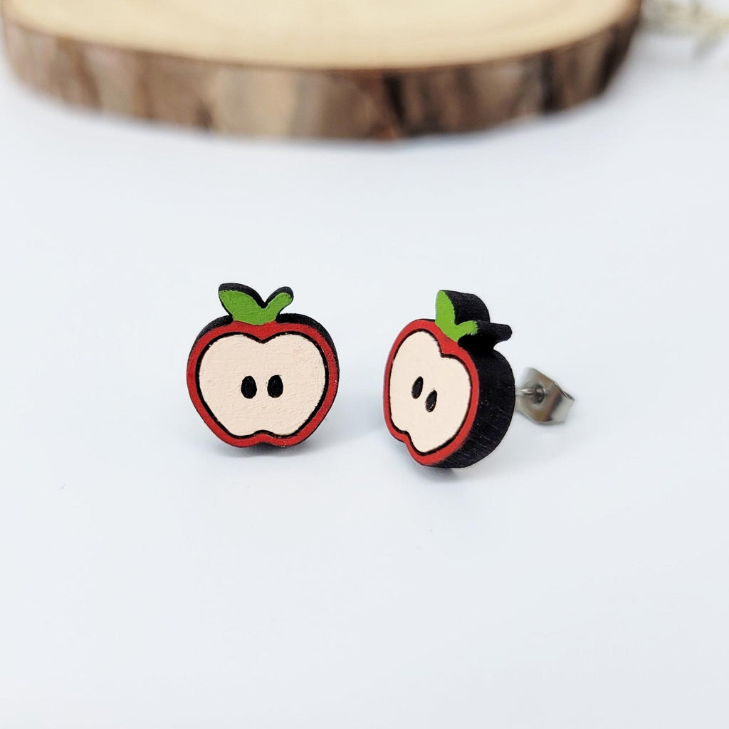 Red and green apple cut wooden stud earrings