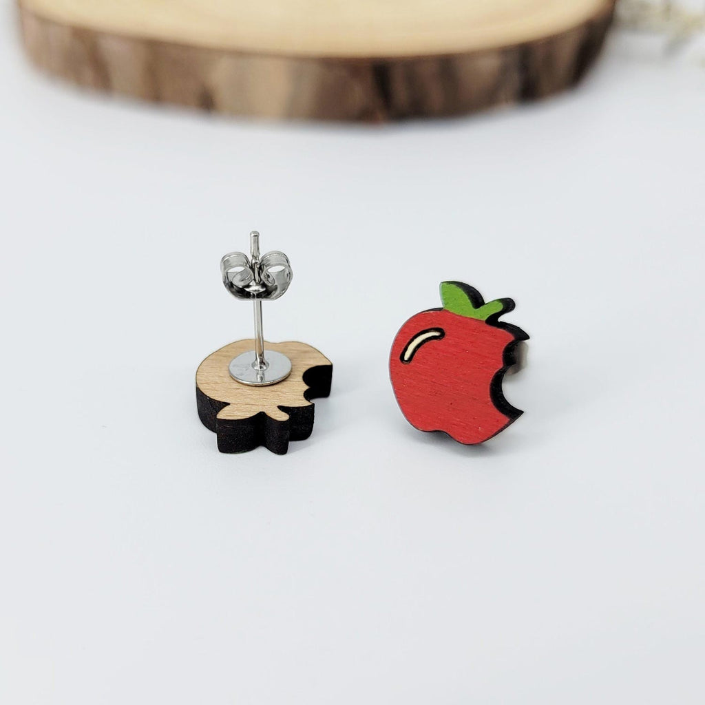 Red and green apple cut wooden stud earrings front and back