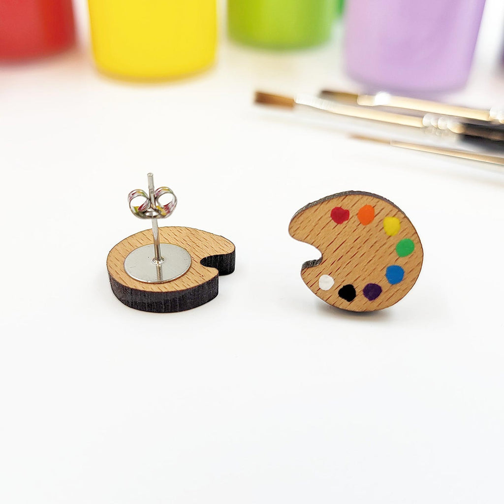 Art palette wood stud earrings, front and back