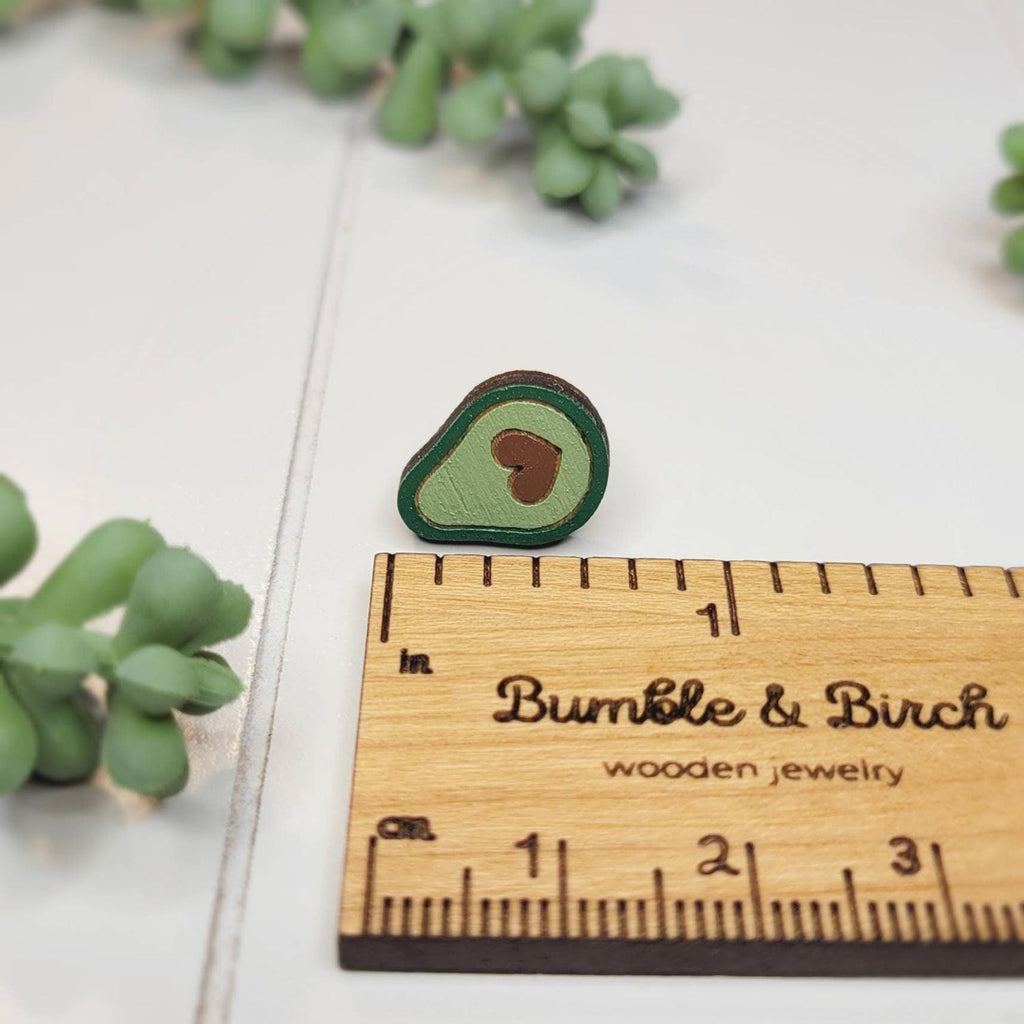 Avocado stud earrings with heart seed, size guide