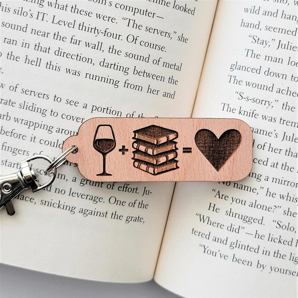 Wine and book lover wooden keychain