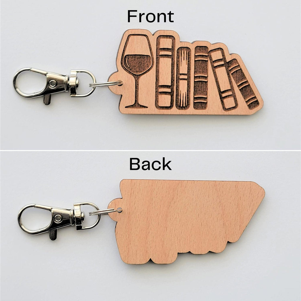 Wine glass and books wooden keychain, front and back