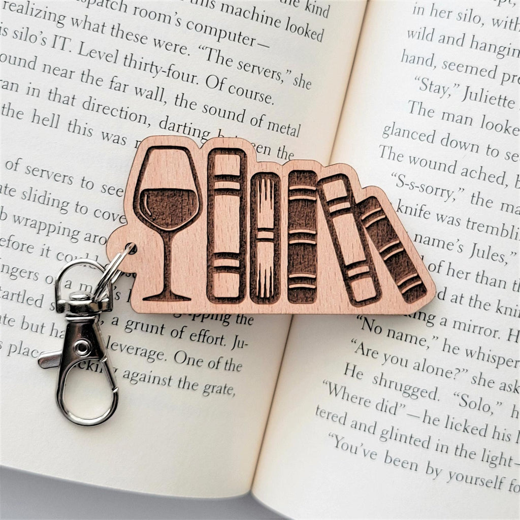 Wine glass and books wooden keychain