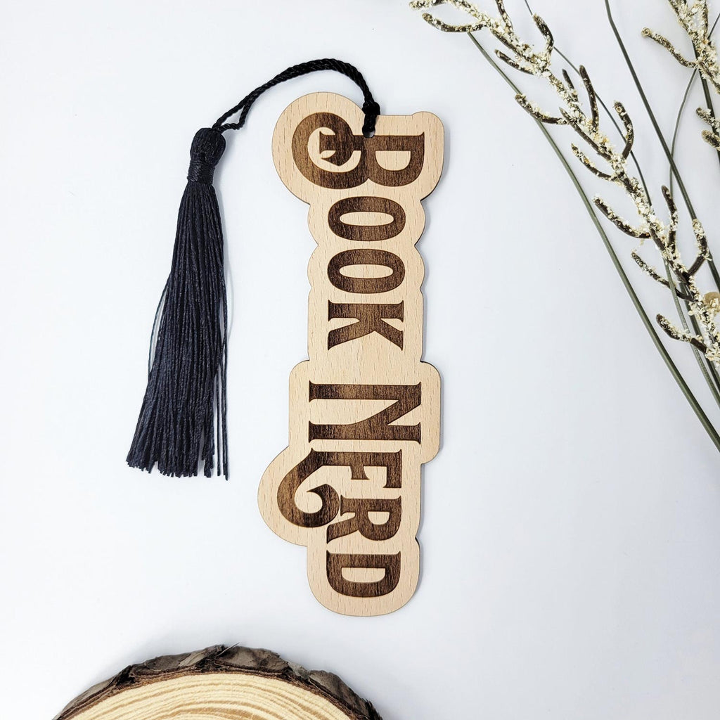 Book nerd engraved wooden bookmark, with tassel