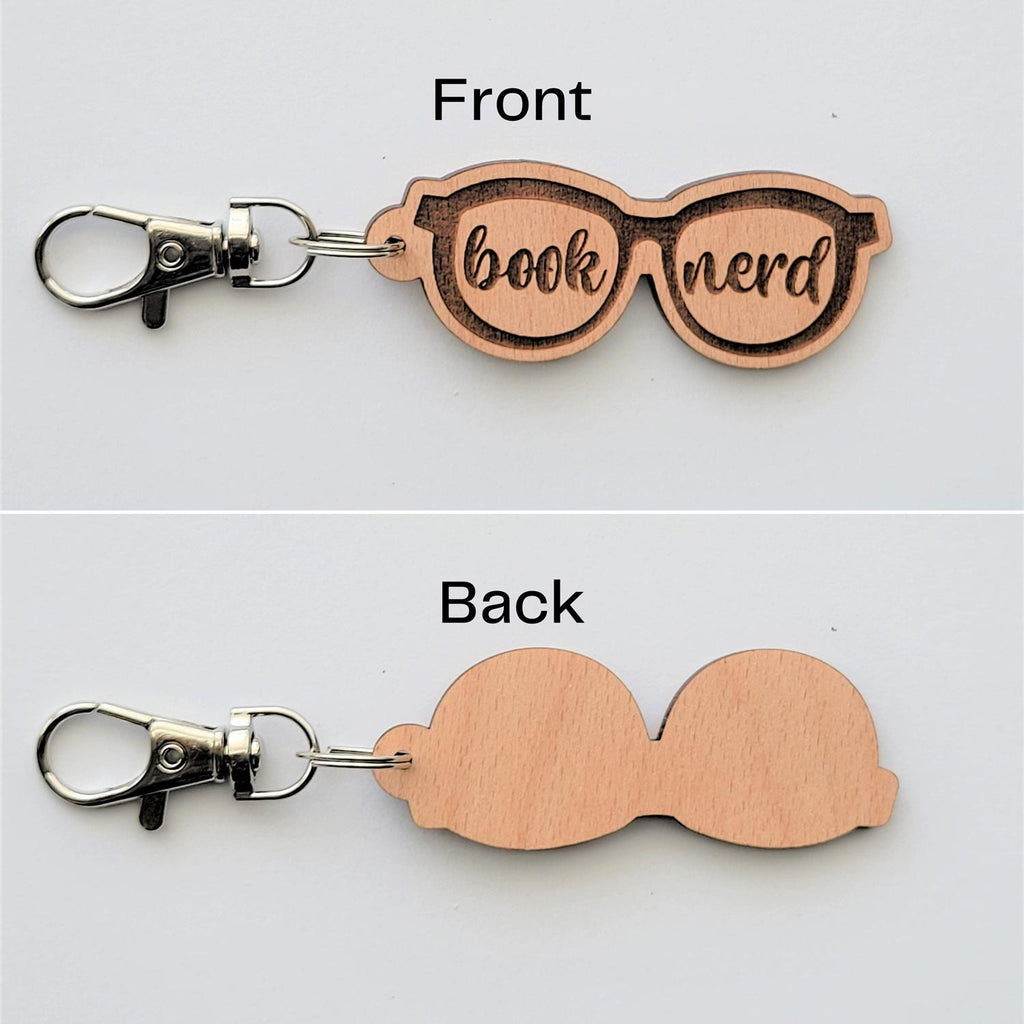 Book nerd, eyeglass shaped wooden keychain, front and back