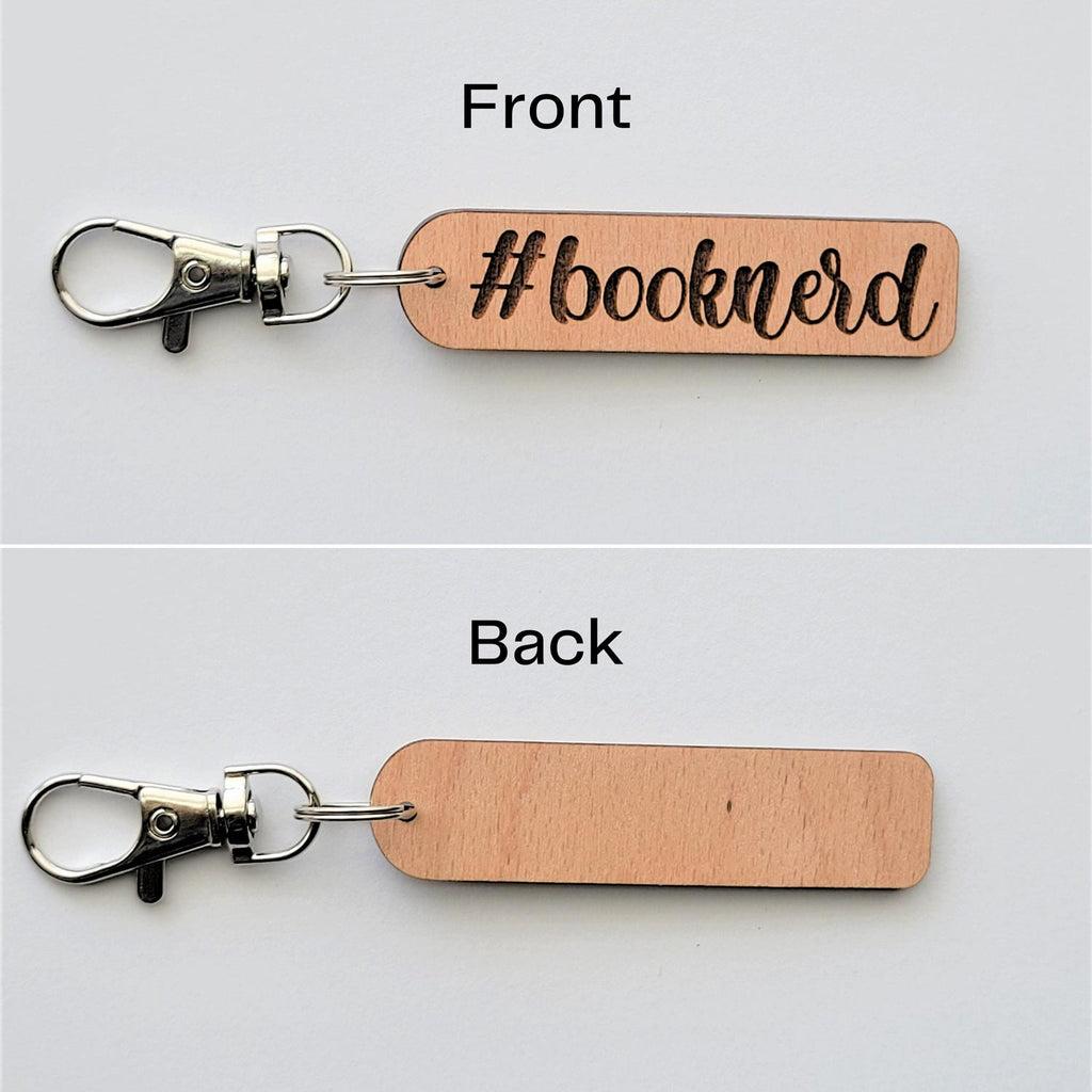 #booknerd wooden keychain, front and back