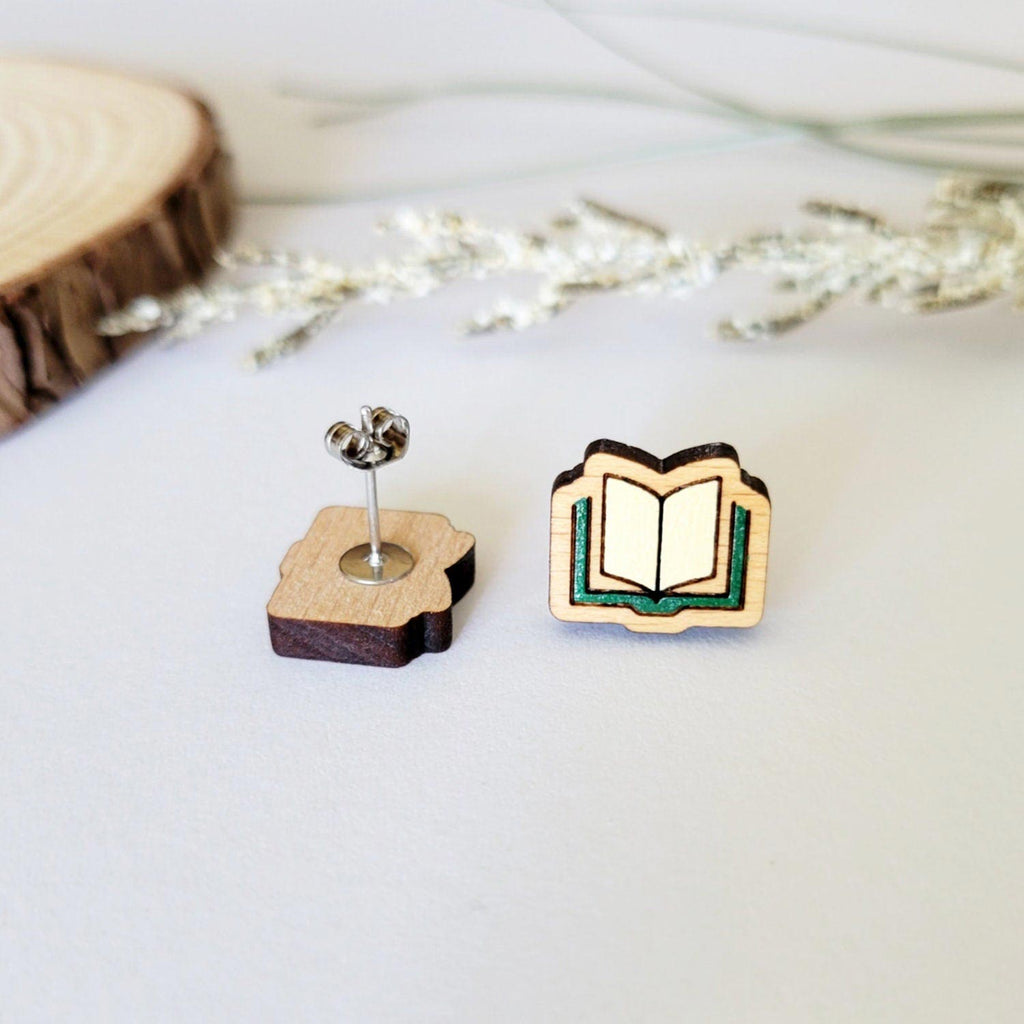 Book shaped stud earrings, front and back