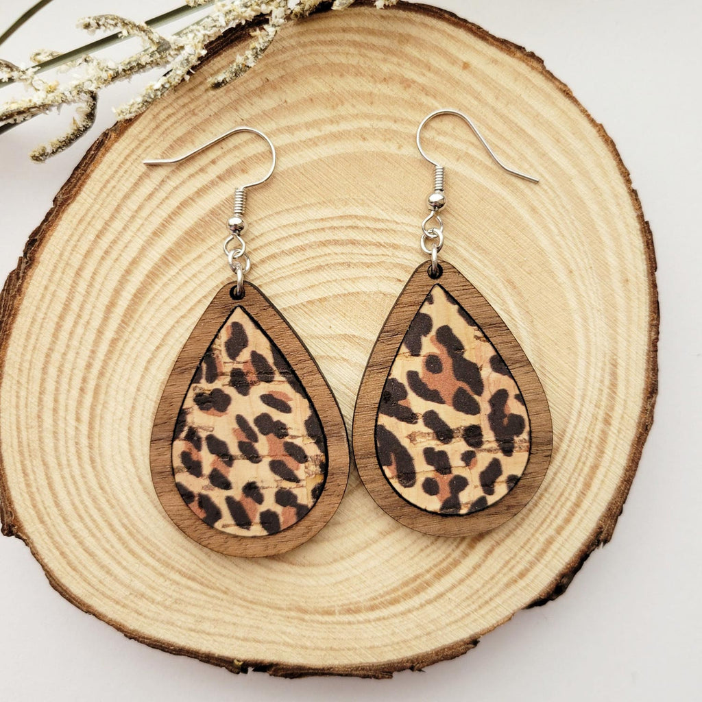 Cheetah print, teardrop shaped dangle earrings