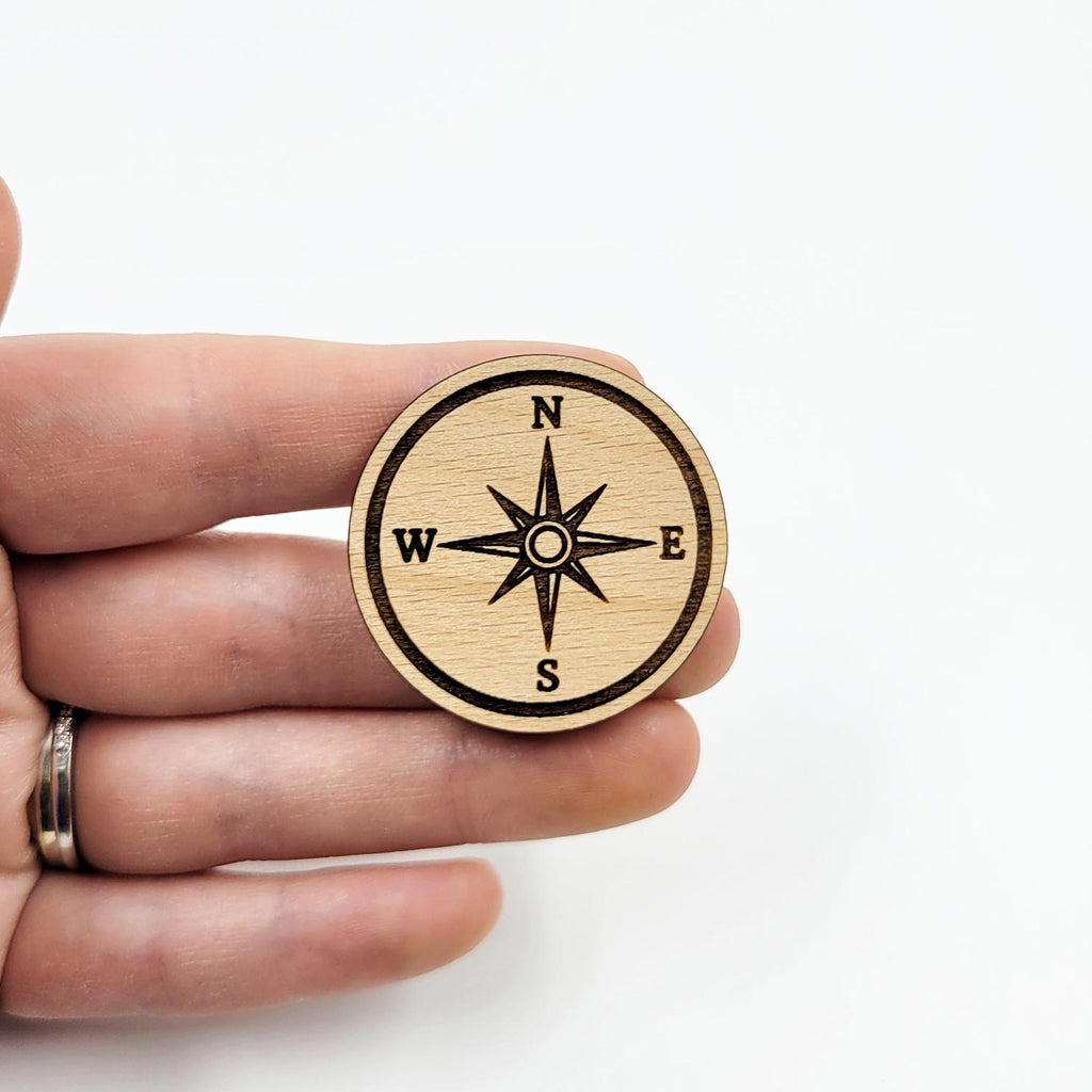 Compass engraved wood pin