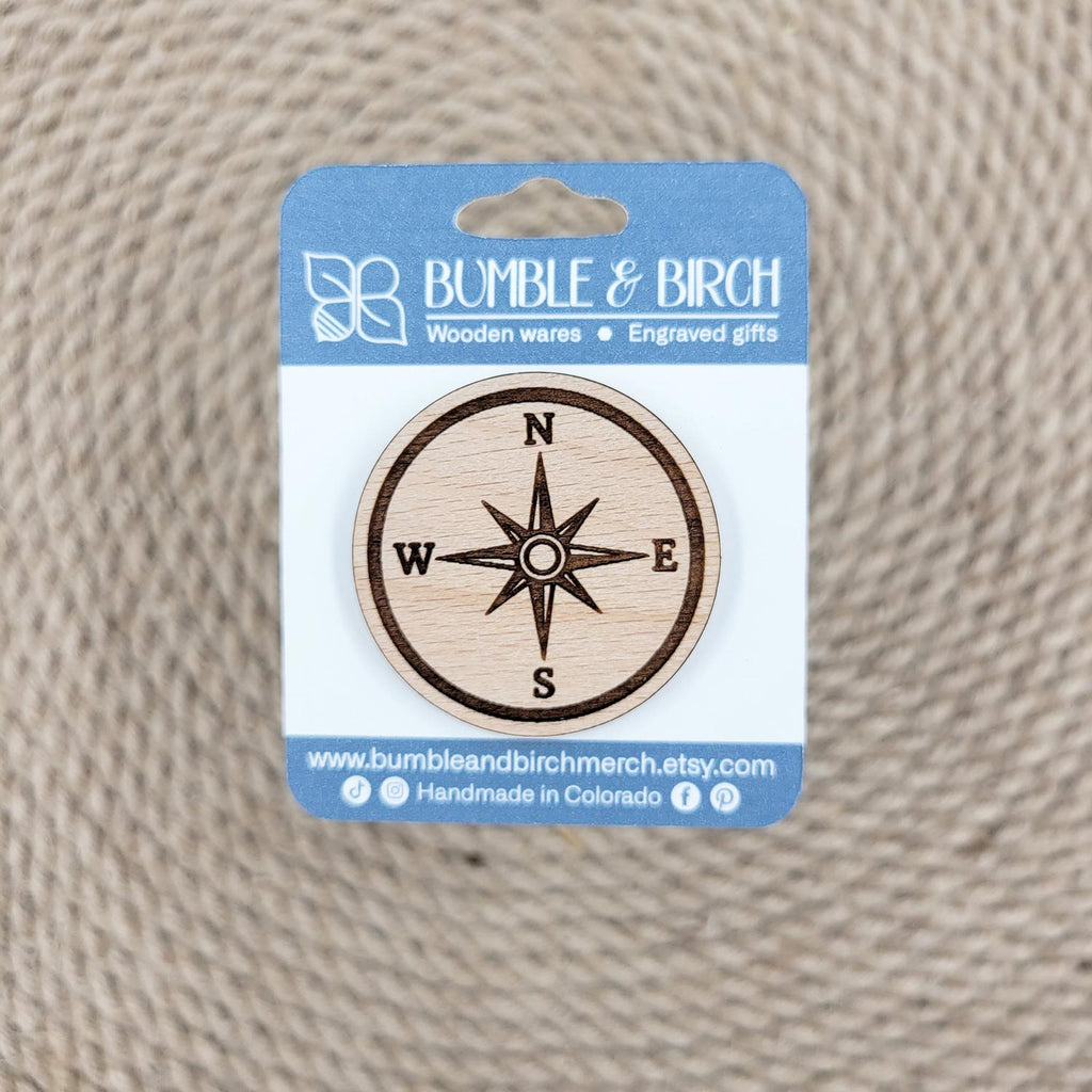 Compass engraved wood pin, with packaging