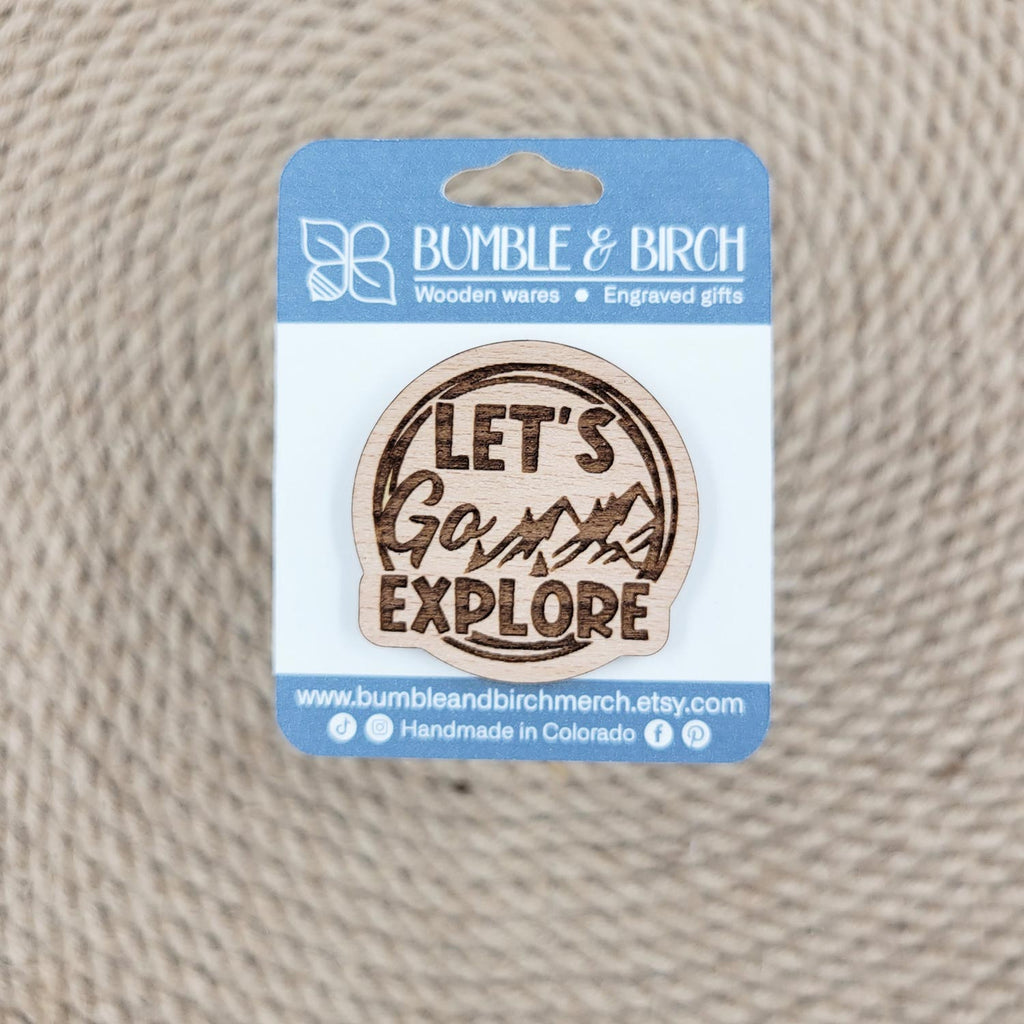 Let's go explore engraved wood pin and packaging