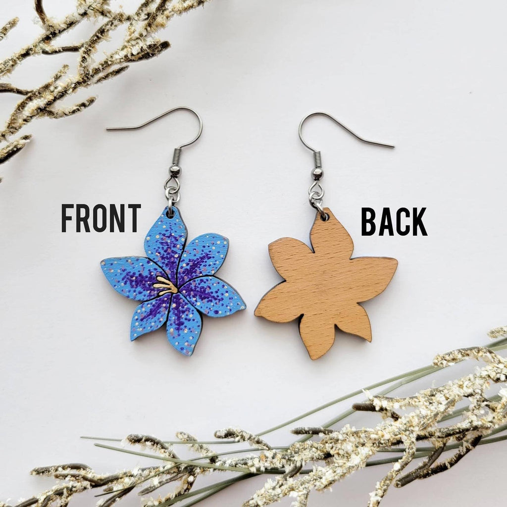 Purple and blue lily dangle earrings, front and back