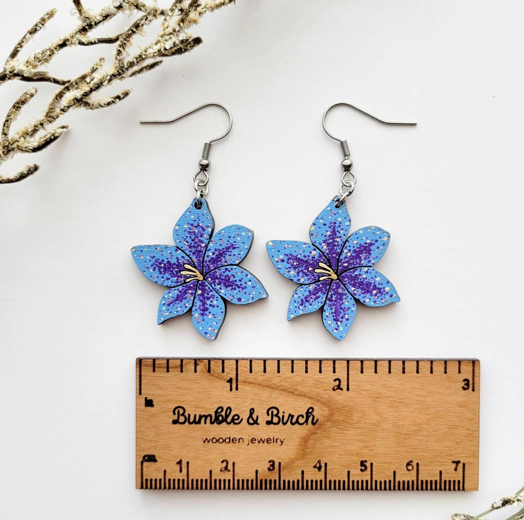 Purple and blue lily dangle earrings size
