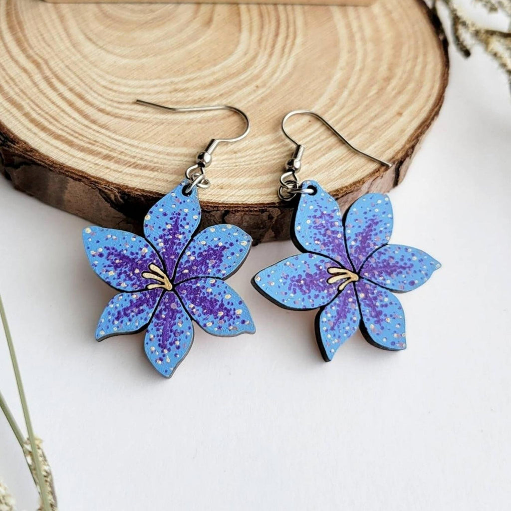 Purple and blue lily dangle earrings