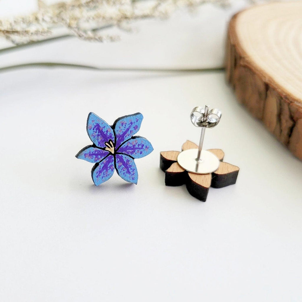 Purple and blue lily stud earrings, front and back