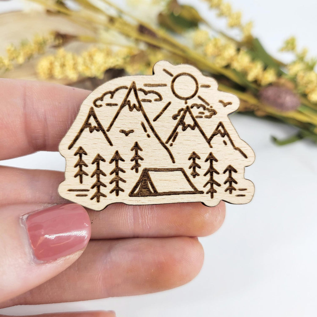Line art tent in the mountains wood pin