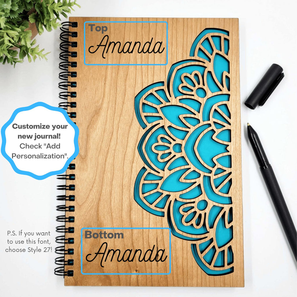 Blue mandala flower cut wood journal, customize your journal