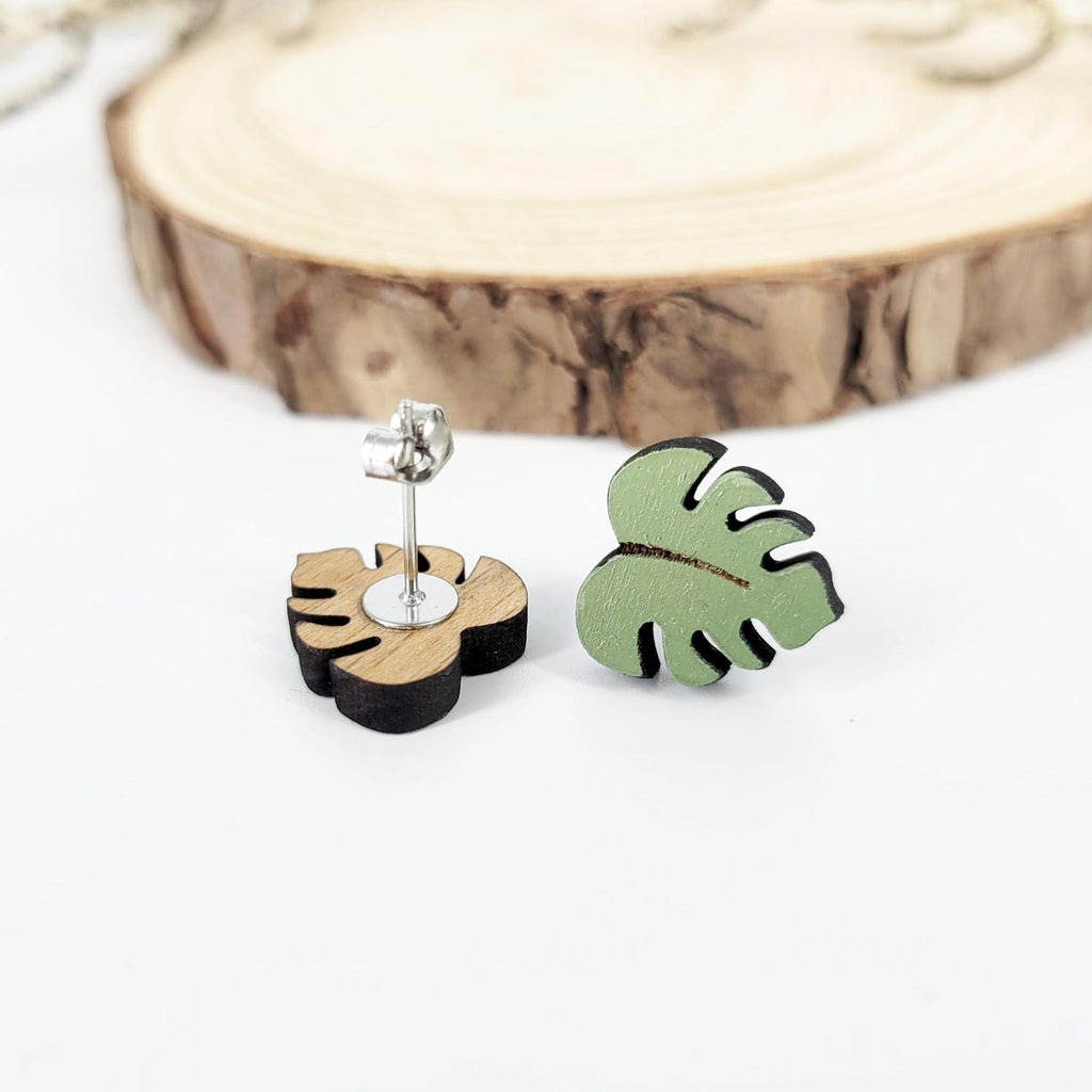Green monstera leaf shaped stud earrings, front and back