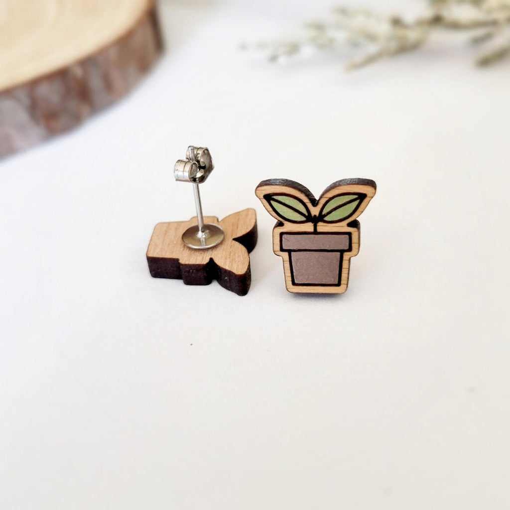 Potted plant seedling shaped stud earrings, front and back