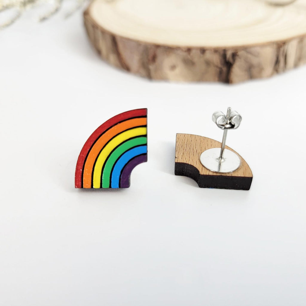 Half rainbow colored stud earrings, front and back