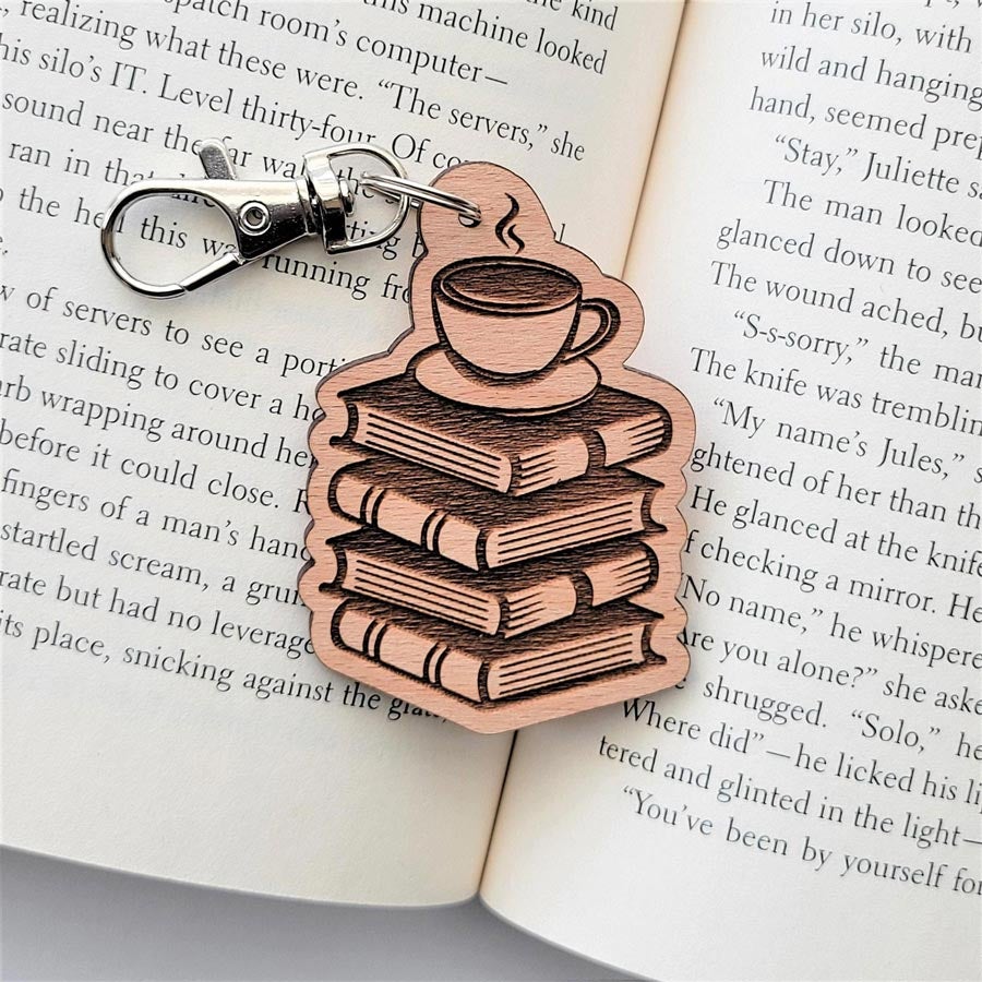 Coffee and book wooden keychain