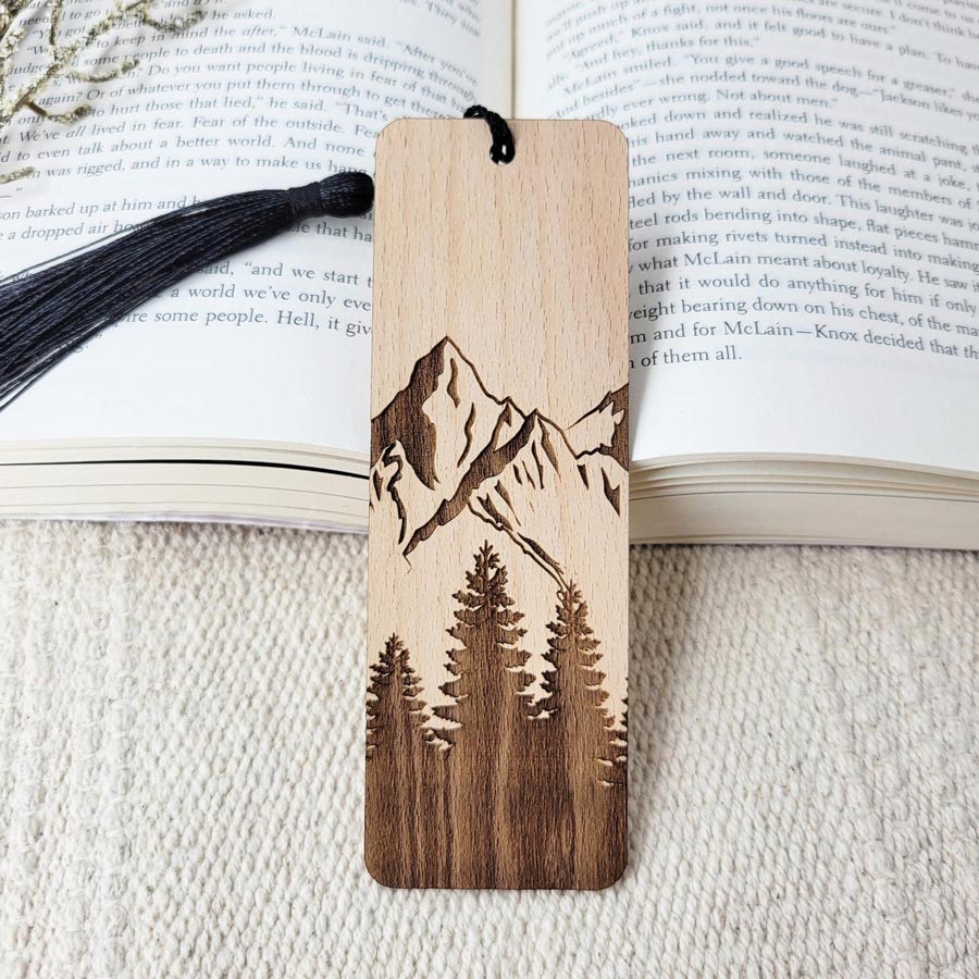 Mountains and forest engraved wood bookmark