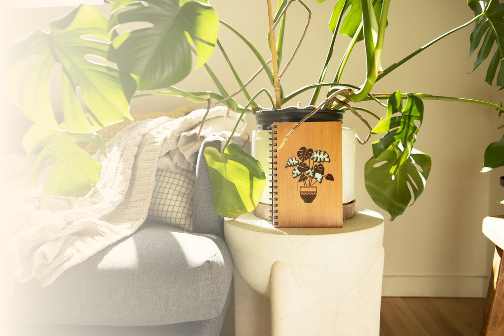 wood journal engraved with a monstera plant sitting next to a couch and greenery