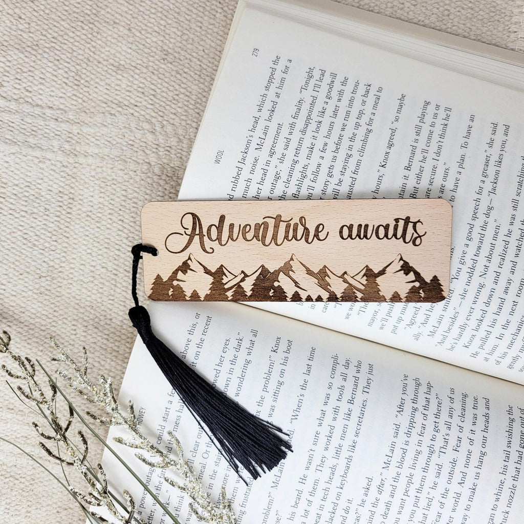 Adventure awaits wooden bookmark with black tassel
