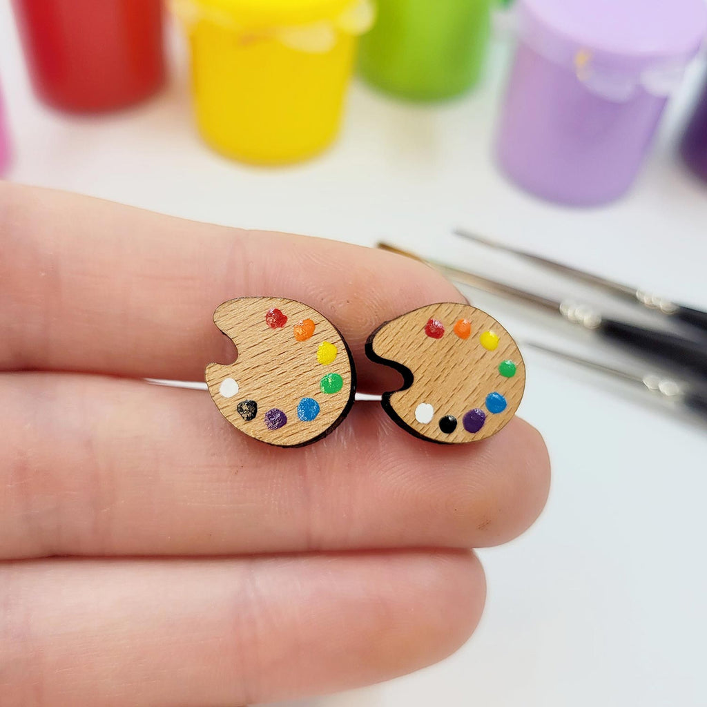 Art palette wood stud earrings, with paint dots