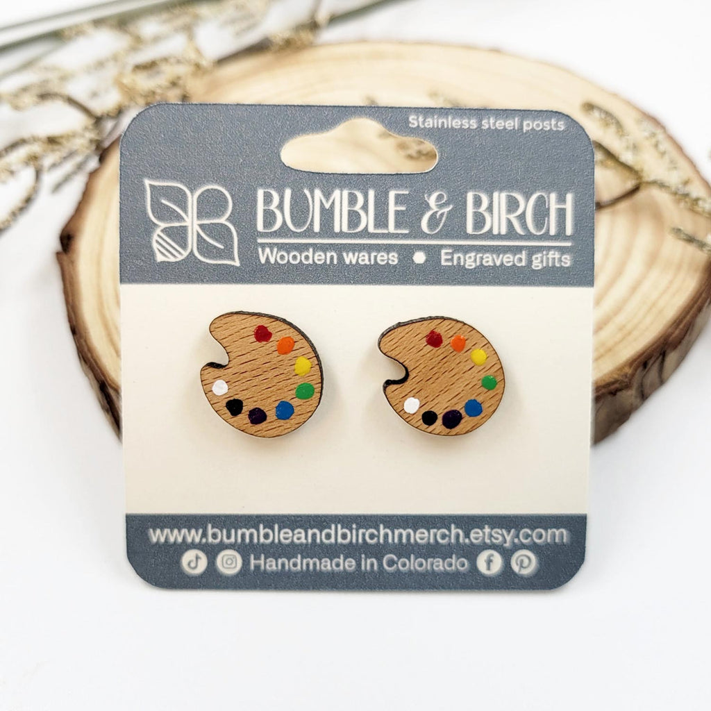 Art palette wood stud earrings, with packaging