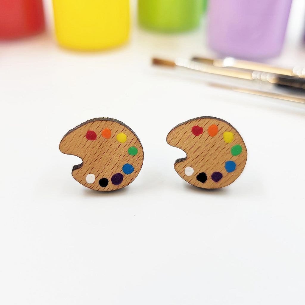 Art palette wood stud earrings, with paint dots