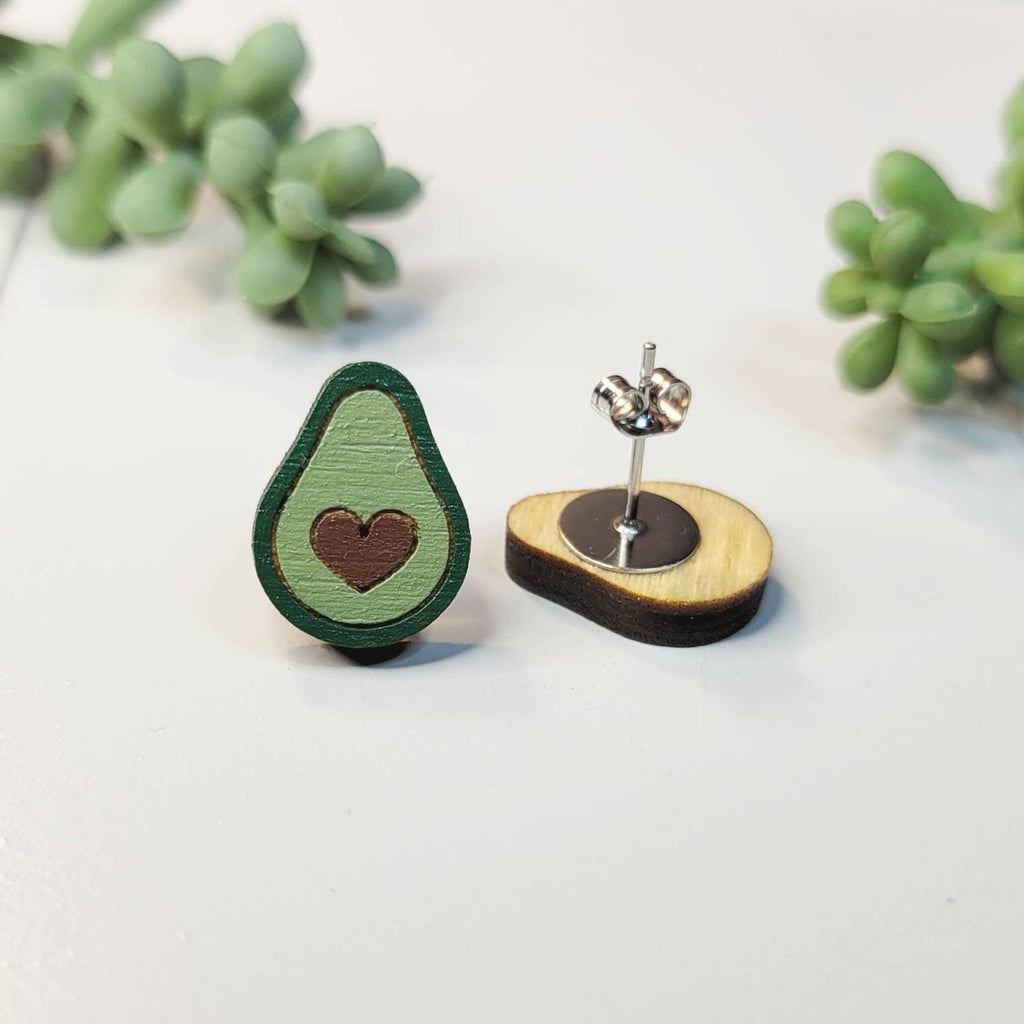 Avocado stud earrings with heart seed, front and back