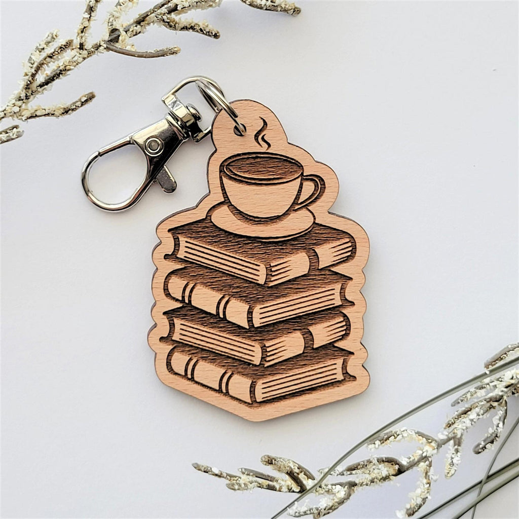 Coffee on a book wooden keychain