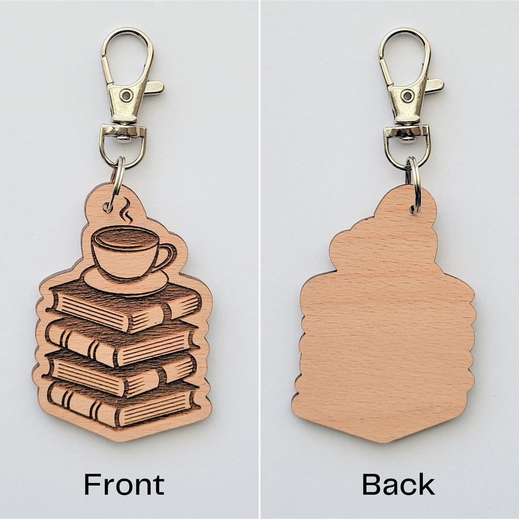 Coffee on a book wooden keychain, front and back