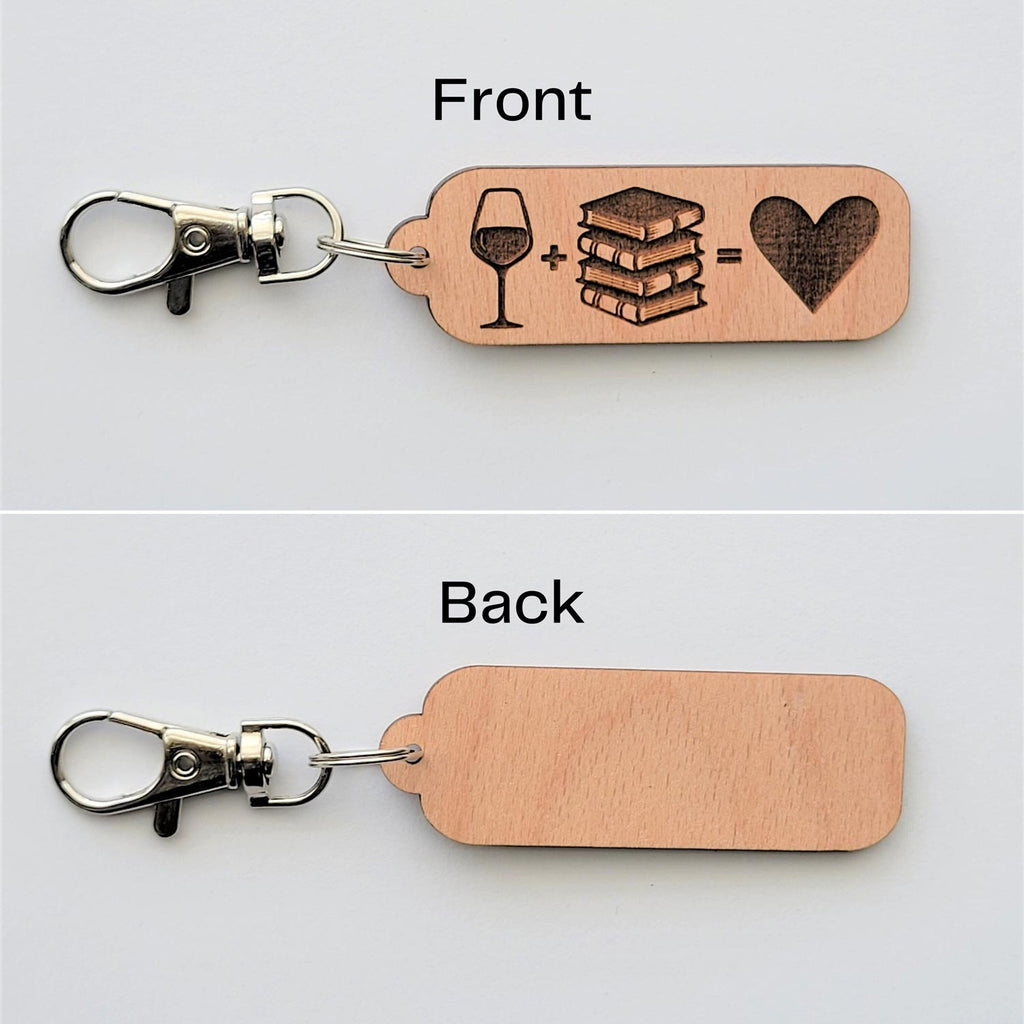Wine and book lover wooden keychain, front and back