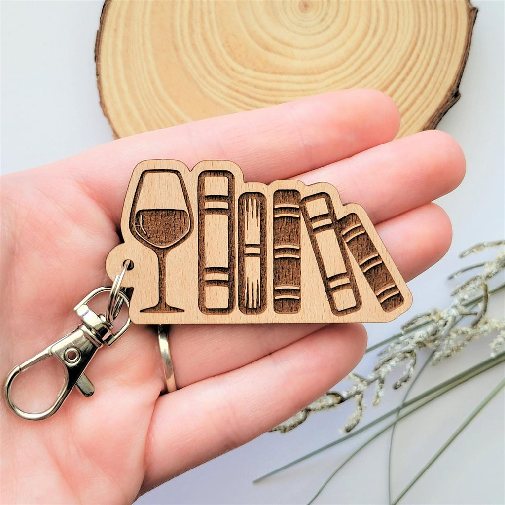 Wine glass and books wooden keychain