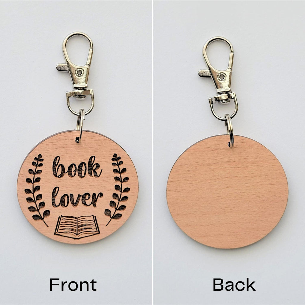 Book lover round wooden engraved keychain, front and back