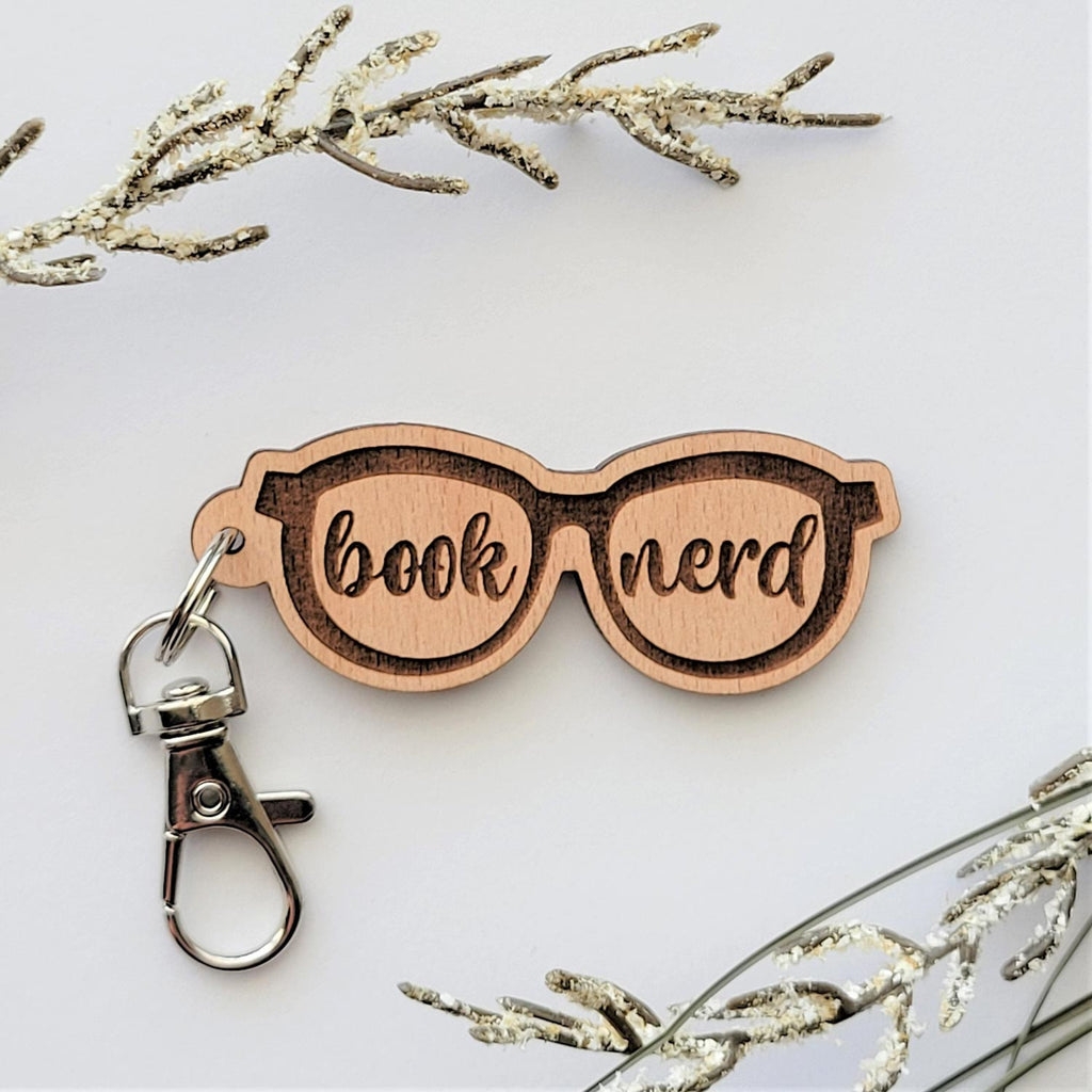 Book nerd, eyeglass shaped wooden keychain