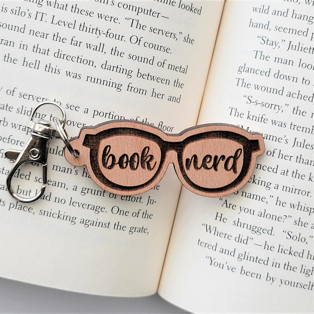 Book nerd, eyeglass shaped wooden keychain