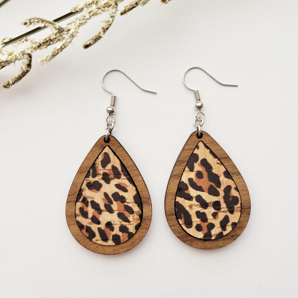 Cheetah print, teardrop shaped dangle earrings