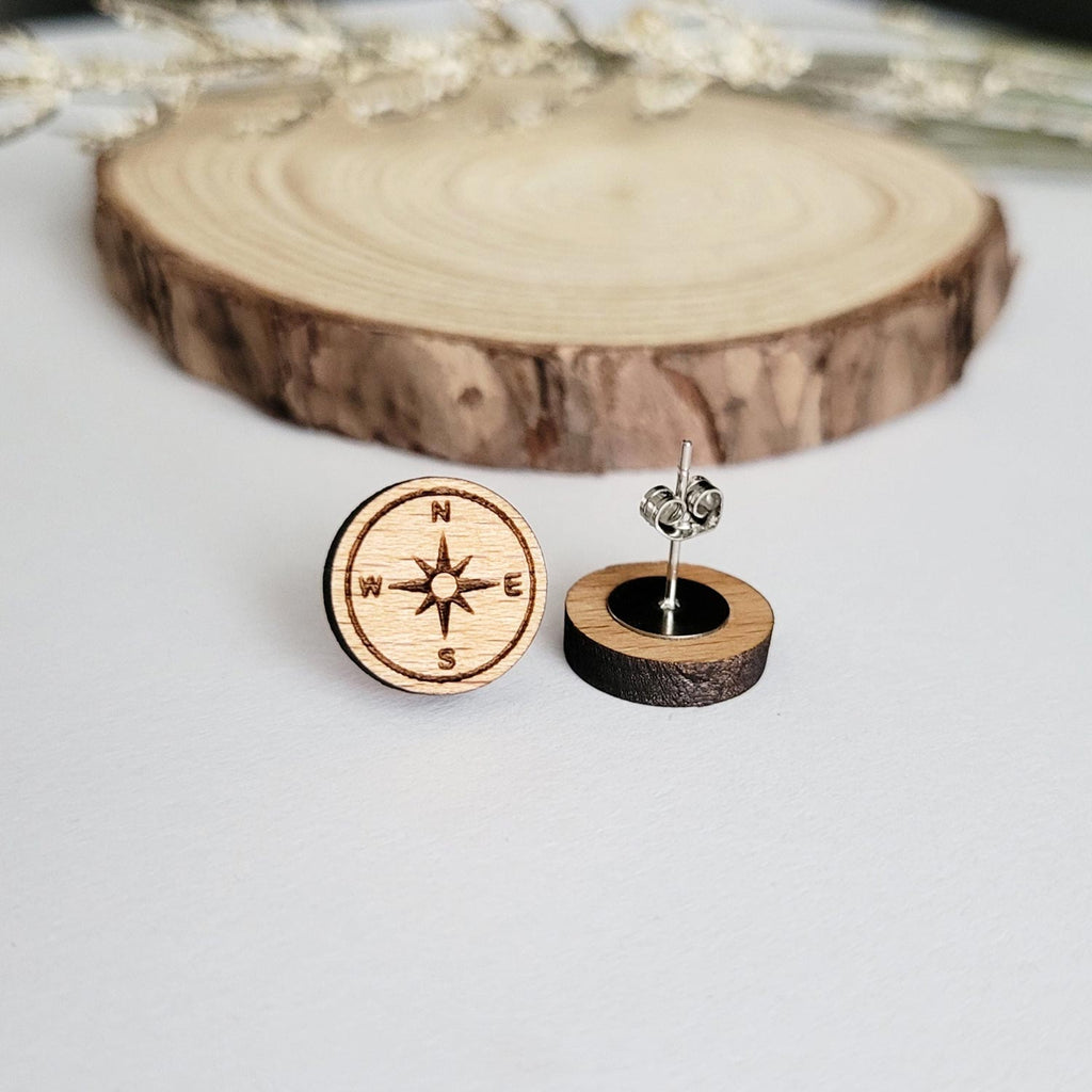 Compass engraved stud earrings, front and back