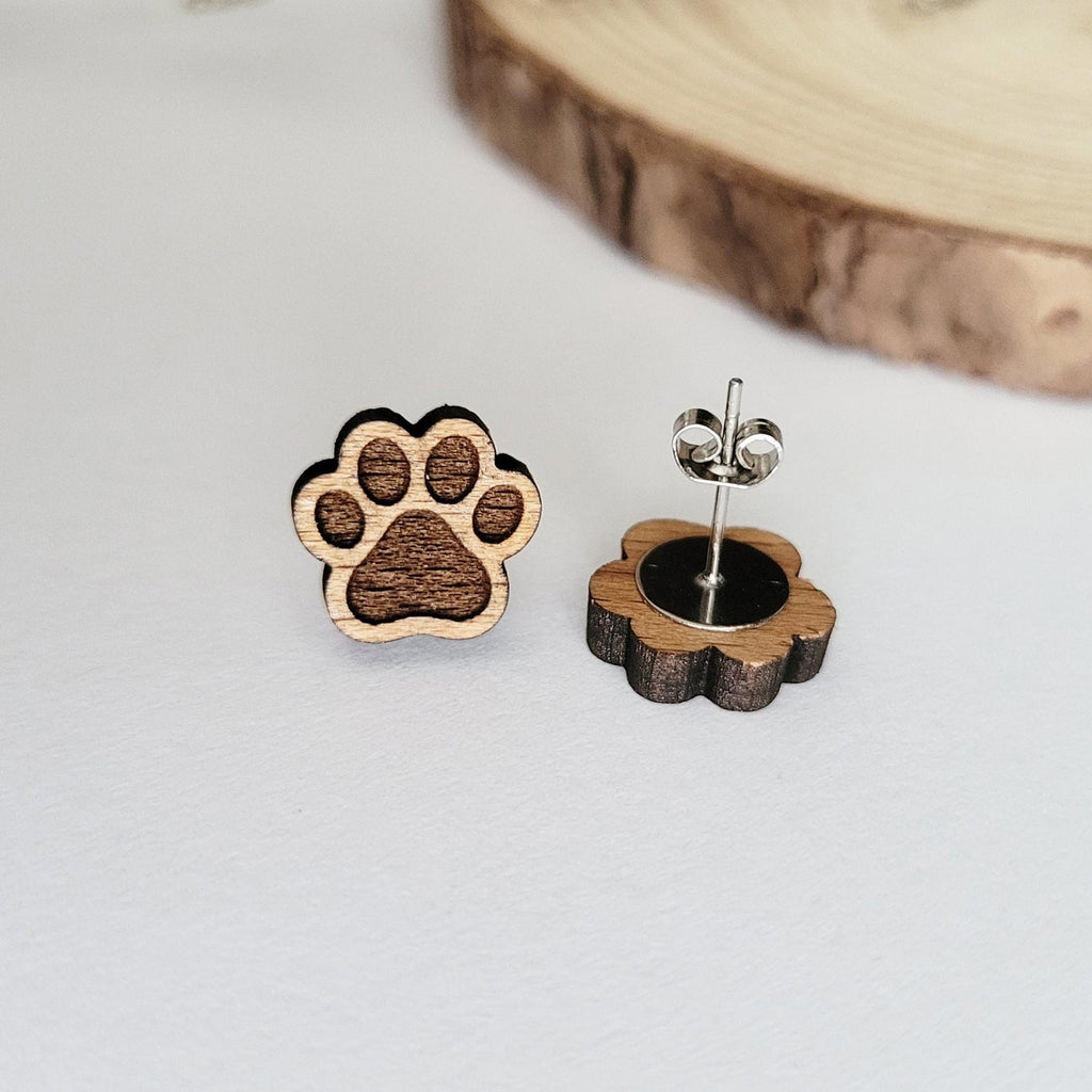 Dog paw shaped stud earrings, front and back