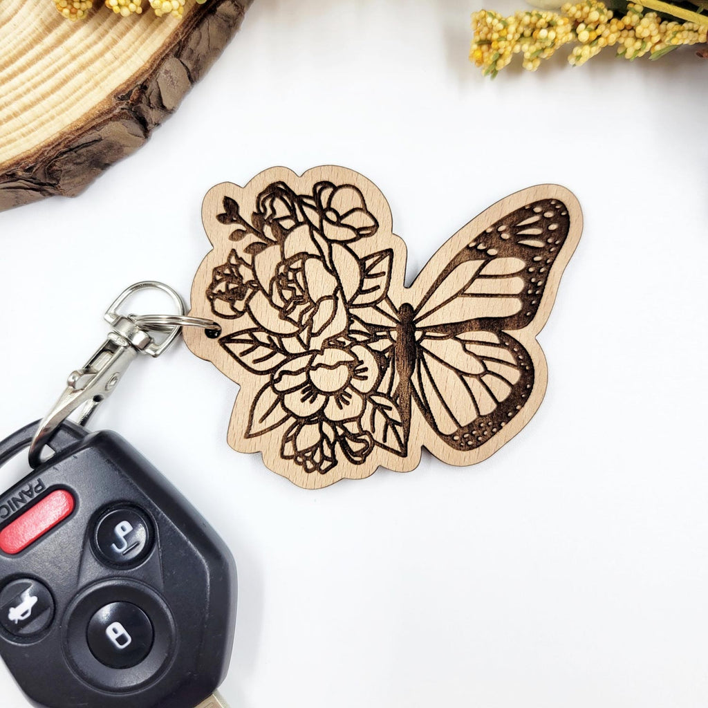 Half flower half butterfly cut wooden keychain