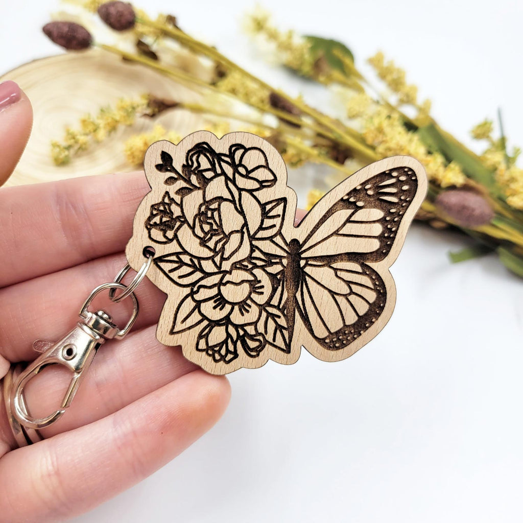 Half flower half butterfly cut wooden keychain