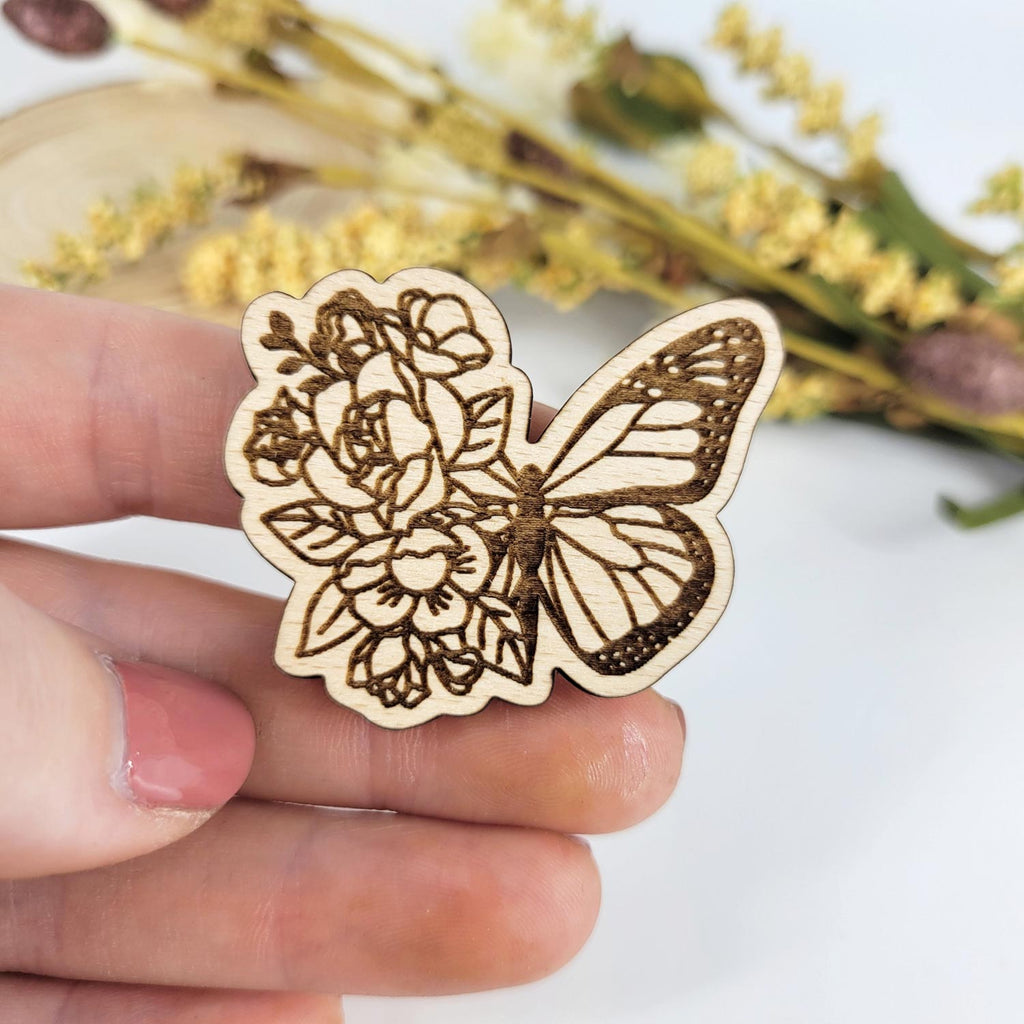 Half flower half butterfly cut wooden pin