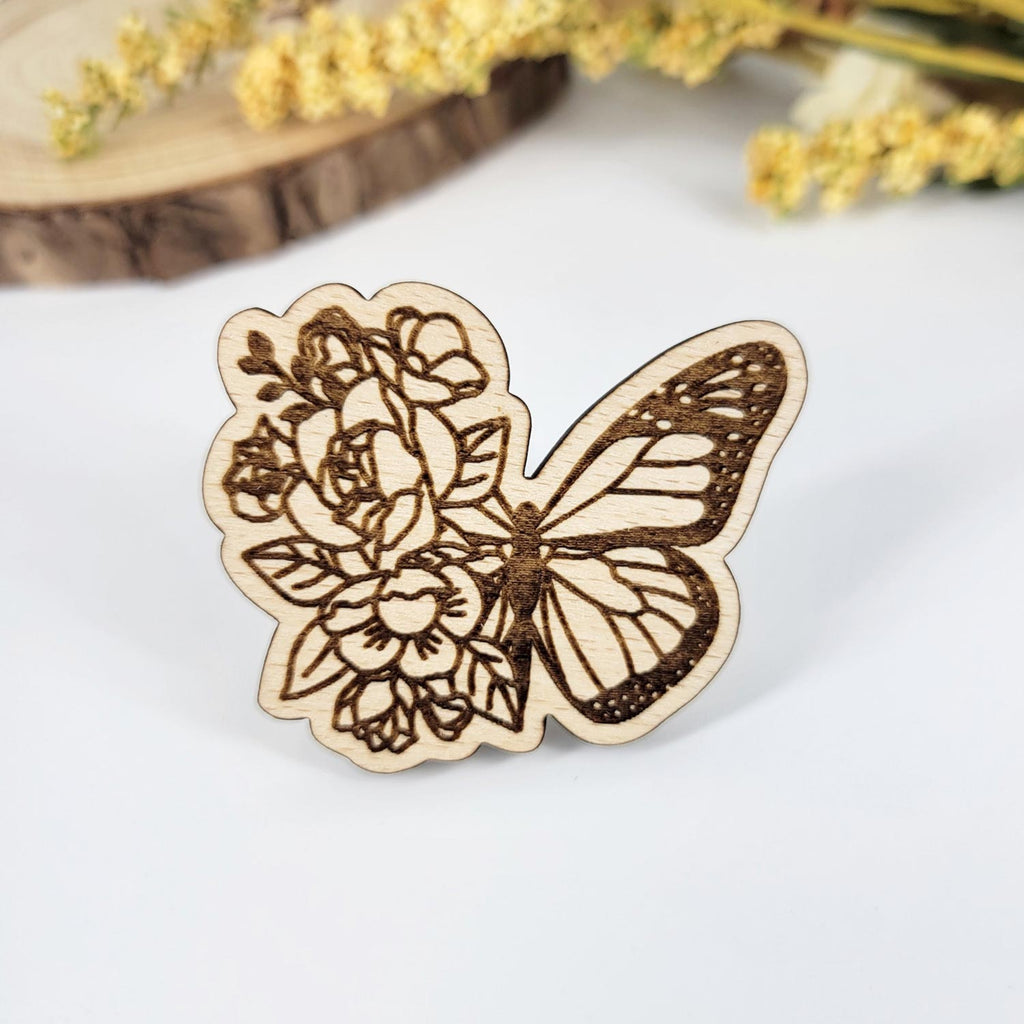 Half flower half butterfly cut wooden pin