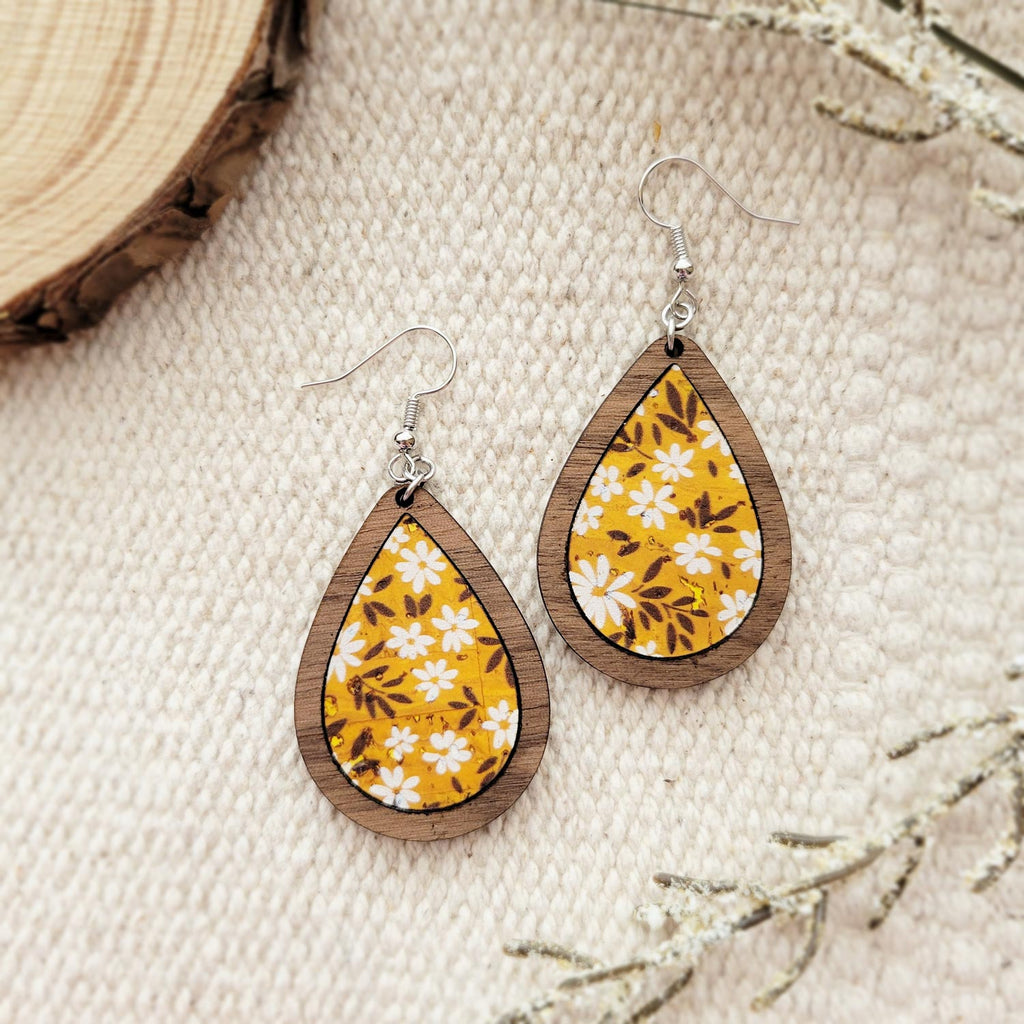 Yellow floral print, tear drop shaped wooden dangle earrings