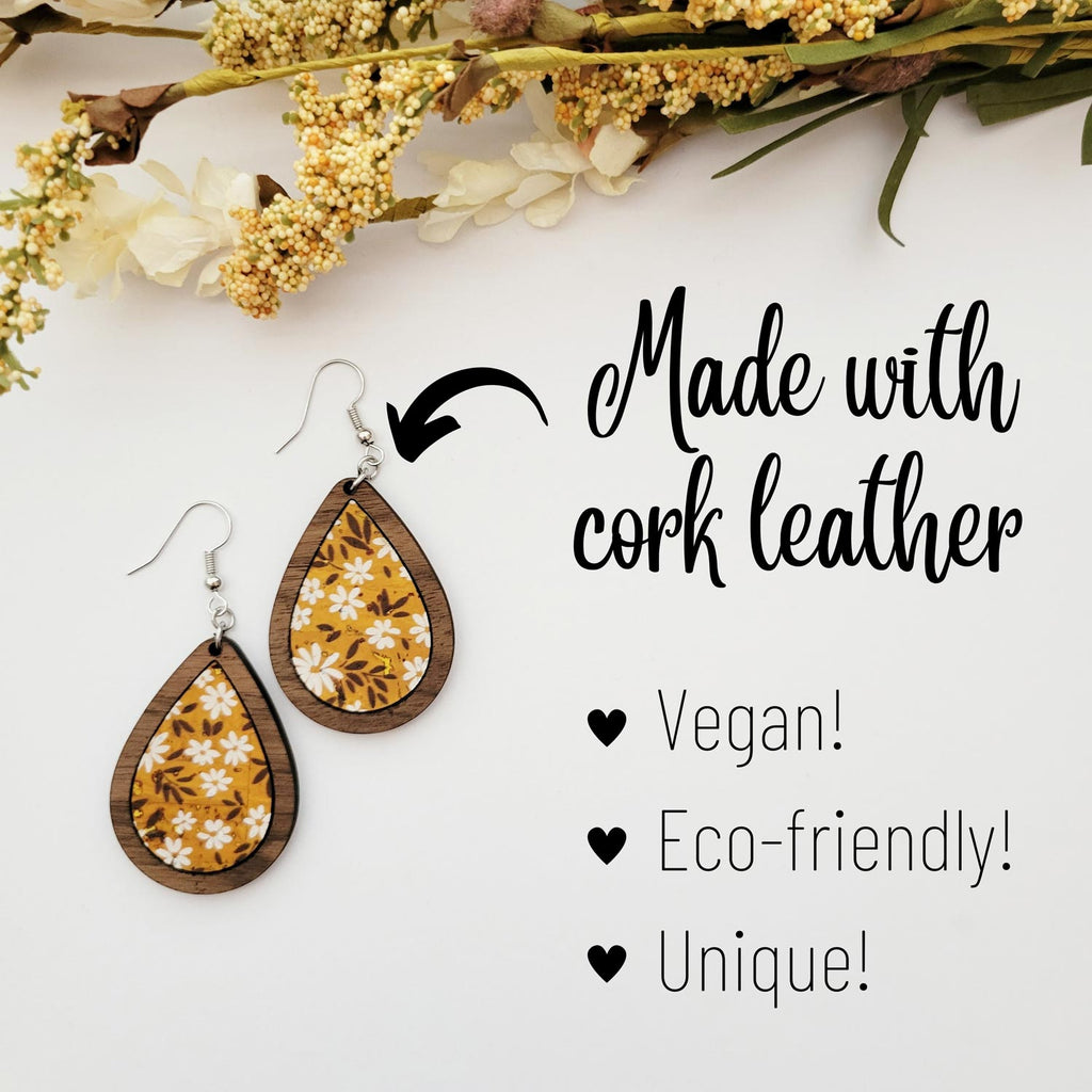 Yellow floral print, tear drop shaped wooden dangle earrings: made with cork leather