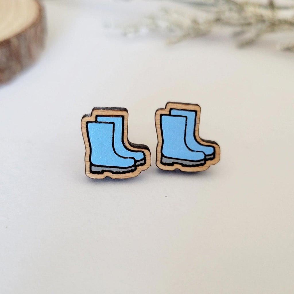Blue gardening boots shaped stud earrings