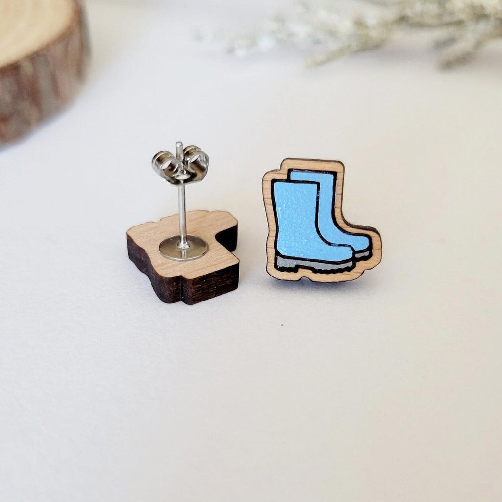 Blue gardening boots shaped stud earrings, front and back